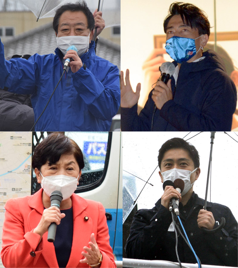 JR津田沼駅前で演説する自民党の小泉前環境相=17日夕、船橋市(右上)、スーパーの前で街頭演説する立県民主党の野田最高顧問=17日、銚子市内(左上)、新鎌ケ谷駅前で演説する日本維新の会の吉村副代表=17日、鎌ケ谷市(右下)、JR市川駅前で演説する社民党の福島党首=17日、市川市(左下)