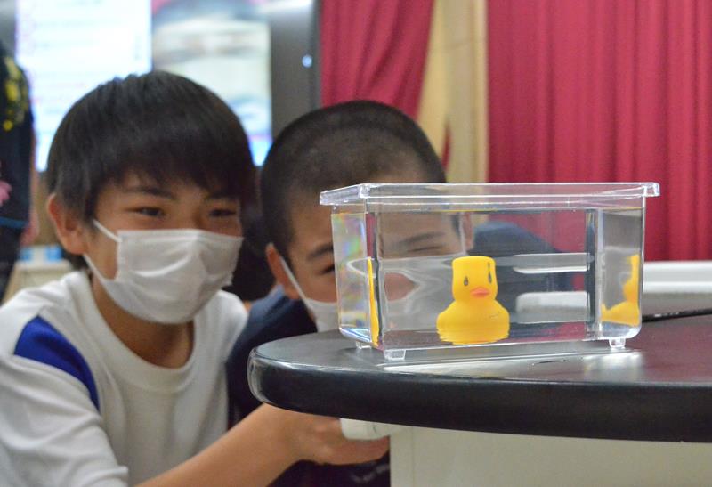 水槽を使って蜃気楼の仕組みを学ぶ実験。砂糖水と真水の境界付近でアヒルの頭がゆがんで見える=九十九里町の町立豊海小