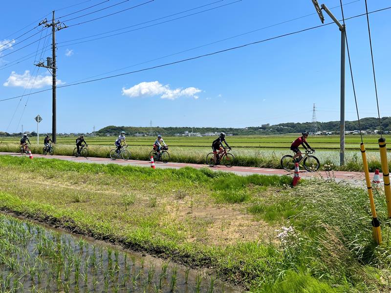 東庄町の田園風景の中を自転車で走る参加者＝５月２８日、同町