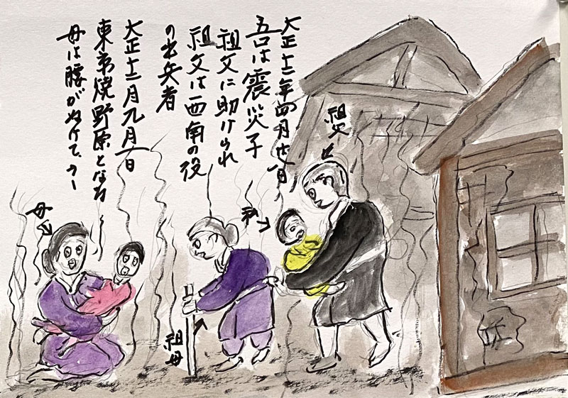 震災当時の様子を聞き描きした鈴木重男さんの絵。建物が傾いている(同資料館提供)