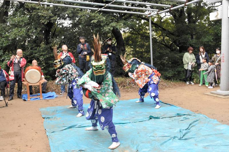 菊賀神社で奉納された「上岩橋の獅子舞」=7日、酒々井町