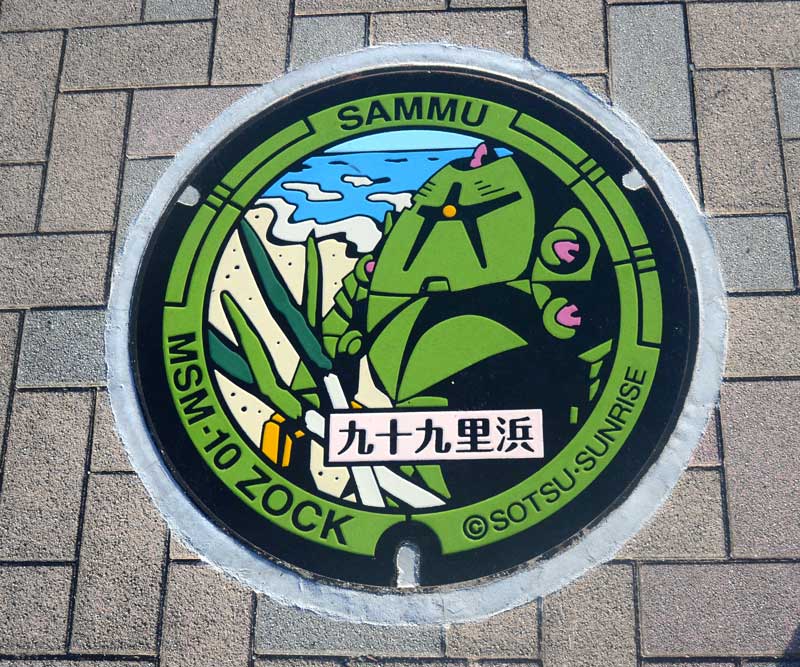 「ゾック」や九十九里浜、ネギがデザインされたマンホール=山武市