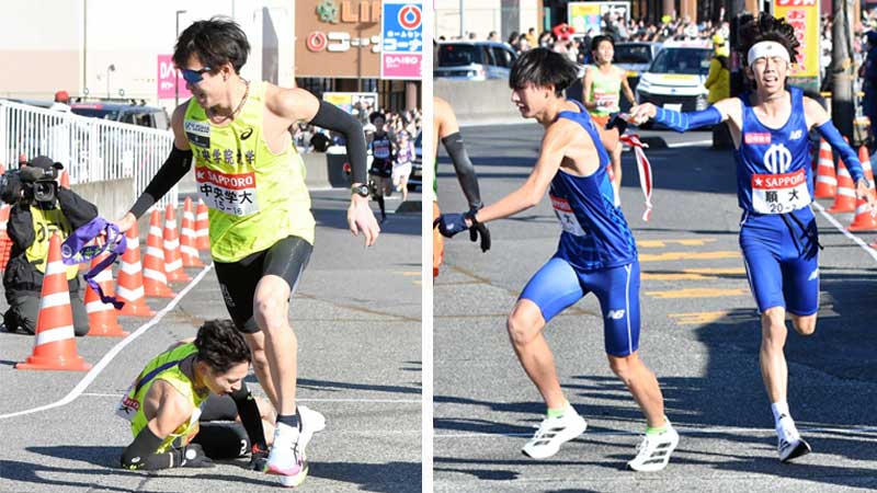 （左）倒れ込みながらたすきを渡した中院大の２区吉田礼志（奥）と駆け出す３区の市川大世、（右）順大３区の海老沢憲伸（左）にたすきを渡す２区の玉目陸＝いずれも横浜市戸塚区