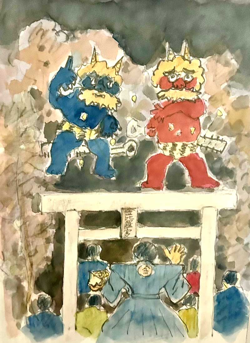 流山カルタ「福を呼ぶ 笑顔で豆まく 金比羅神社」の絵札(利根運河交流館提供)