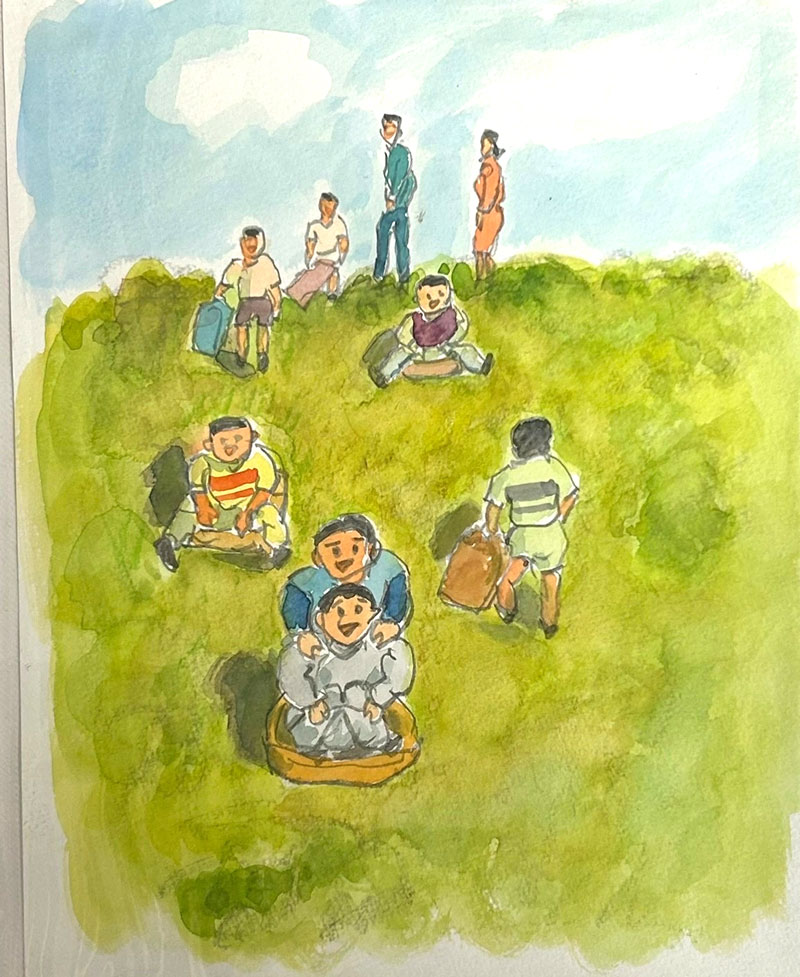 流山カルタ「春の日に 江戸川の土手 草すべり」の絵札(利根運河交流館提供)