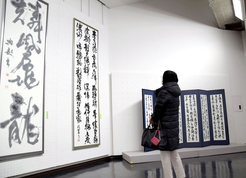 会員の力作を鑑賞する来場者＝１１日、千葉市中央区の県立美術館